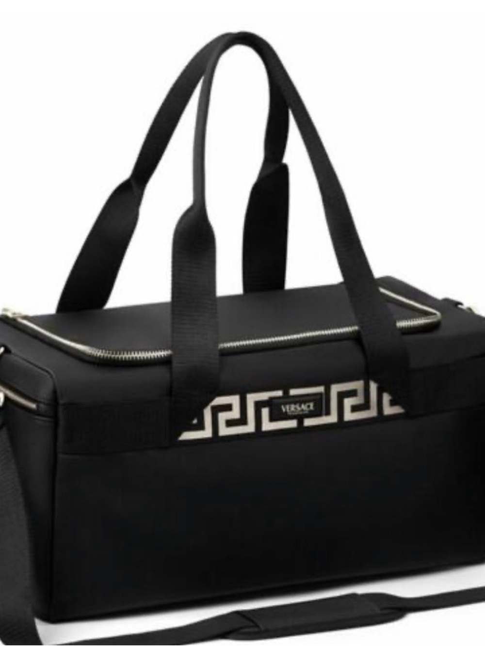 Versace Black Duffel Bag with Cream Greca Accent